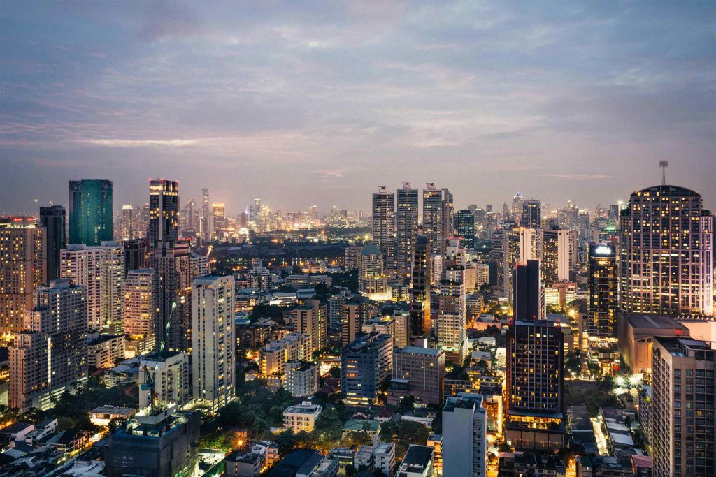 Bangkok's glittering skyline at sunset.