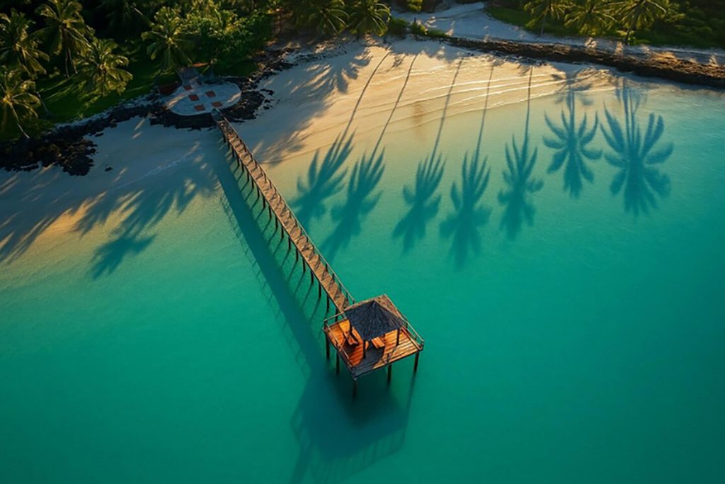 A wooden pier goes out to turquoise sea, with the shadows of palm trees in the sunset