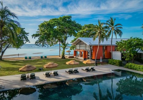 Resort pool with sun loungers and palm trees.