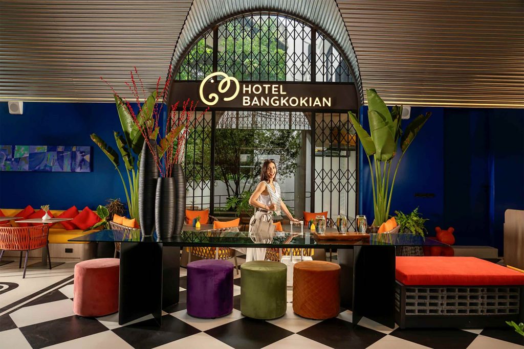 Hotel foyer with colourful furniture.